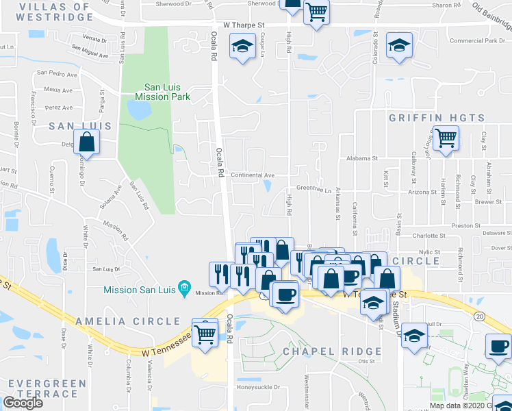 map of restaurants, bars, coffee shops, grocery stores, and more near 1059 Ocala Road in Tallahassee