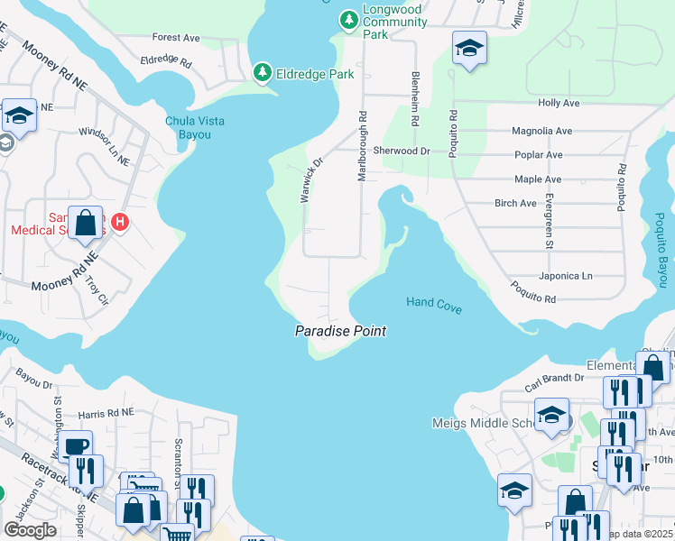 map of restaurants, bars, coffee shops, grocery stores, and more near 49 Paradise Point Road in Shalimar