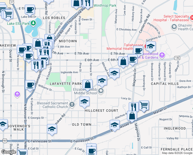 map of restaurants, bars, coffee shops, grocery stores, and more near 825 Ingleside Avenue in Tallahassee
