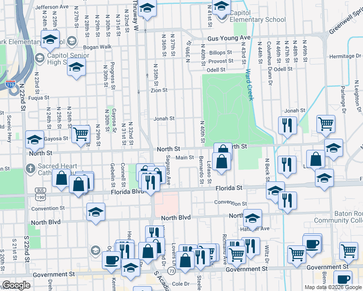 map of restaurants, bars, coffee shops, grocery stores, and more near 649 North 38th Street in Baton Rouge