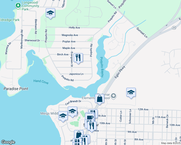 map of restaurants, bars, coffee shops, grocery stores, and more near 42 Poquito Road in Shalimar