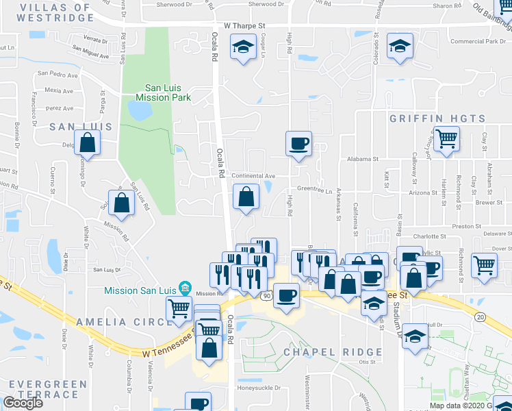 map of restaurants, bars, coffee shops, grocery stores, and more near 2027 Continental Avenue in Tallahassee