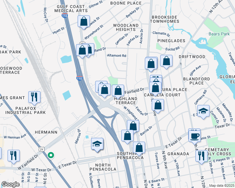 map of restaurants, bars, coffee shops, grocery stores, and more near 540 East Fairfield Drive in Pensacola