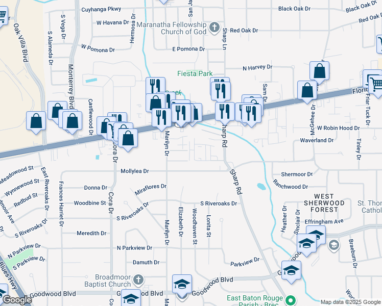 map of restaurants, bars, coffee shops, grocery stores, and more near 155 Marilyn Drive in Baton Rouge