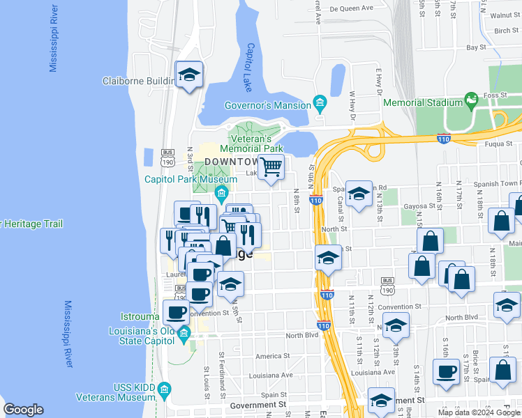 map of restaurants, bars, coffee shops, grocery stores, and more near in Baton Rouge