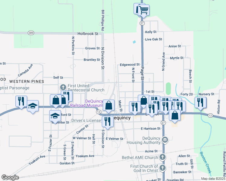 map of restaurants, bars, coffee shops, grocery stores, and more near 101-113 W Leblanc St in DeQuincy