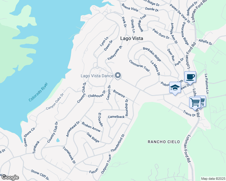 map of restaurants, bars, coffee shops, grocery stores, and more near 68 C Dawn Drive in Lago Vista