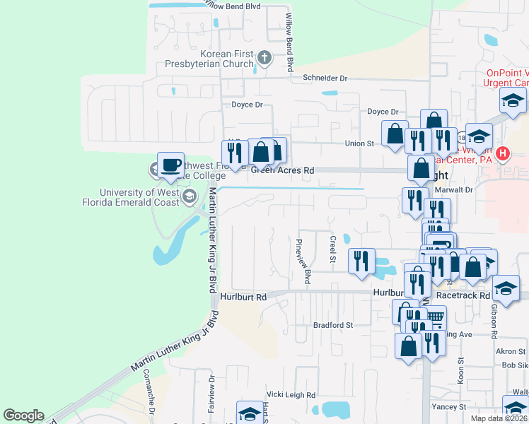map of restaurants, bars, coffee shops, grocery stores, and more near 1703 Conservation Trail in Fort Walton Beach