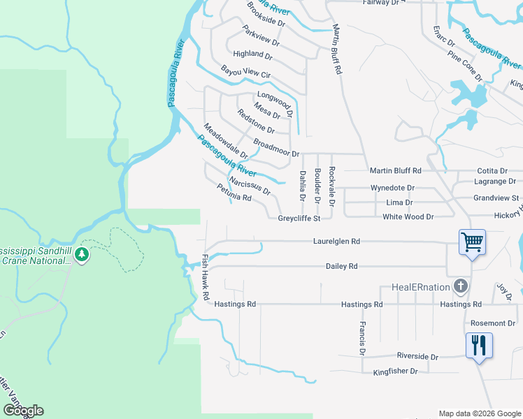 map of restaurants, bars, coffee shops, grocery stores, and more near 7713 Petunia Road in Gautier