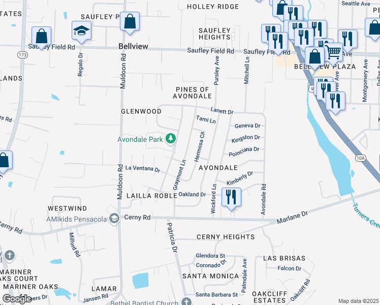 map of restaurants, bars, coffee shops, grocery stores, and more near 5759 Graymont Lane in Bellview