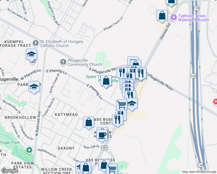 map of restaurants, bars, coffee shops, grocery stores, and more near Fen Cove in Williamson County