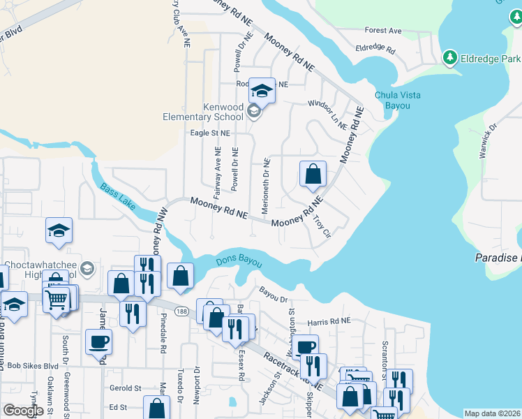 map of restaurants, bars, coffee shops, grocery stores, and more near 603 Merioneth Drive Northeast in Fort Walton Beach