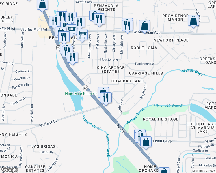 map of restaurants, bars, coffee shops, grocery stores, and more near 2251 Deerwood Road in Pensacola