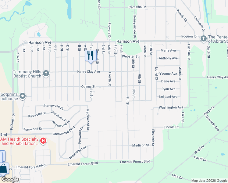 map of restaurants, bars, coffee shops, grocery stores, and more near 70317 Fifth Street in Covington