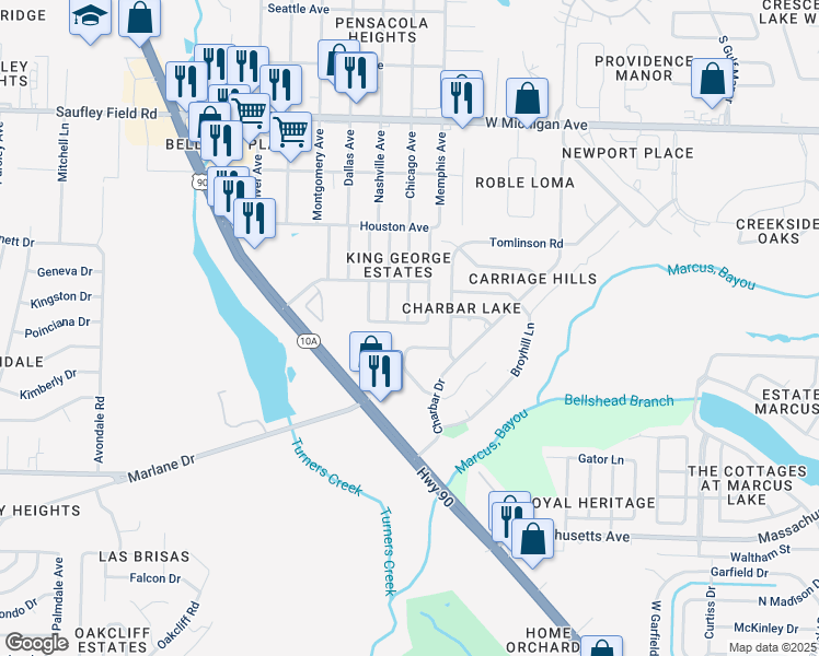 map of restaurants, bars, coffee shops, grocery stores, and more near 2197 Deerwood Road in Pensacola
