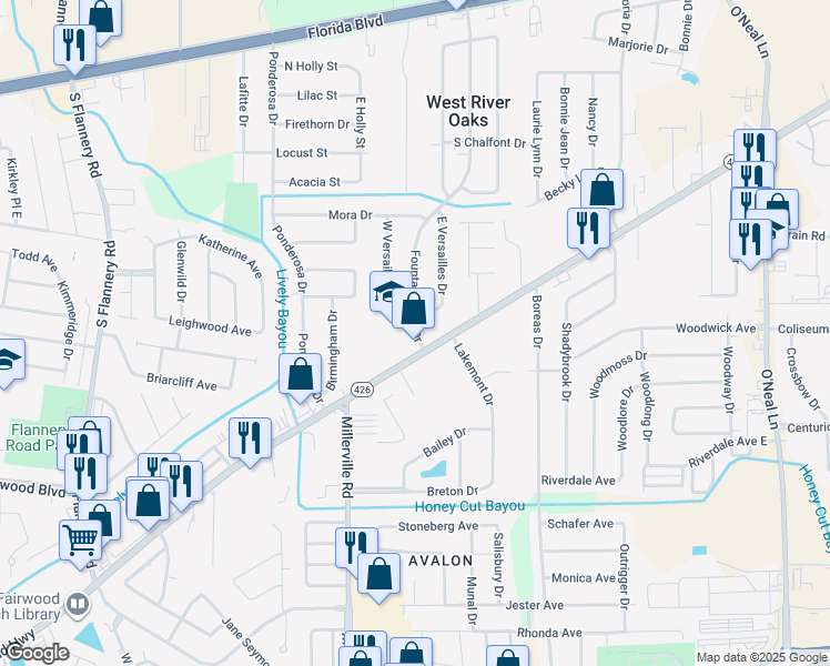 map of restaurants, bars, coffee shops, grocery stores, and more near 950 Fountainbleau Drive in Baton Rouge