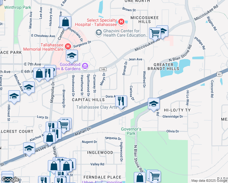 map of restaurants, bars, coffee shops, grocery stores, and more near 1105 Buckingham Drive in Tallahassee