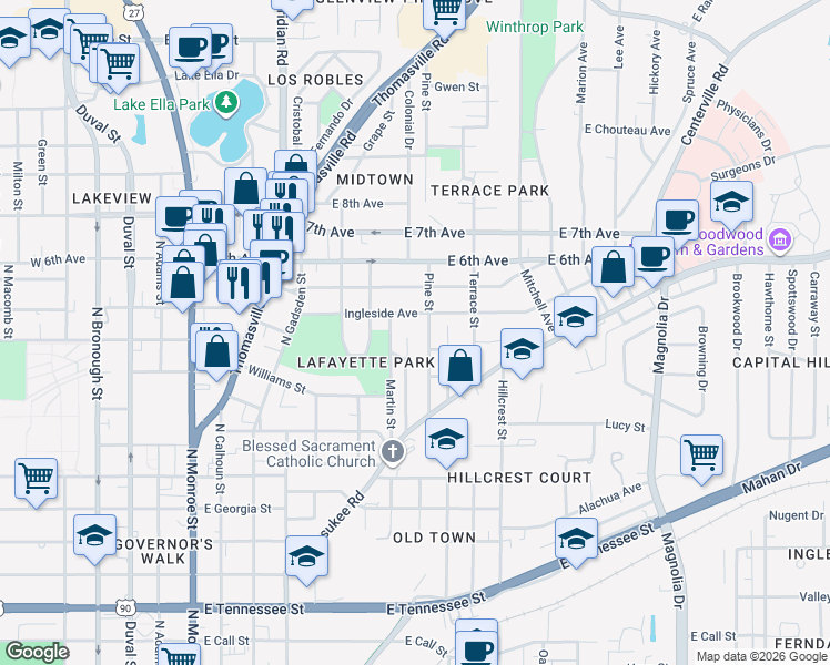 map of restaurants, bars, coffee shops, grocery stores, and more near 649 Ingleside Avenue in Tallahassee