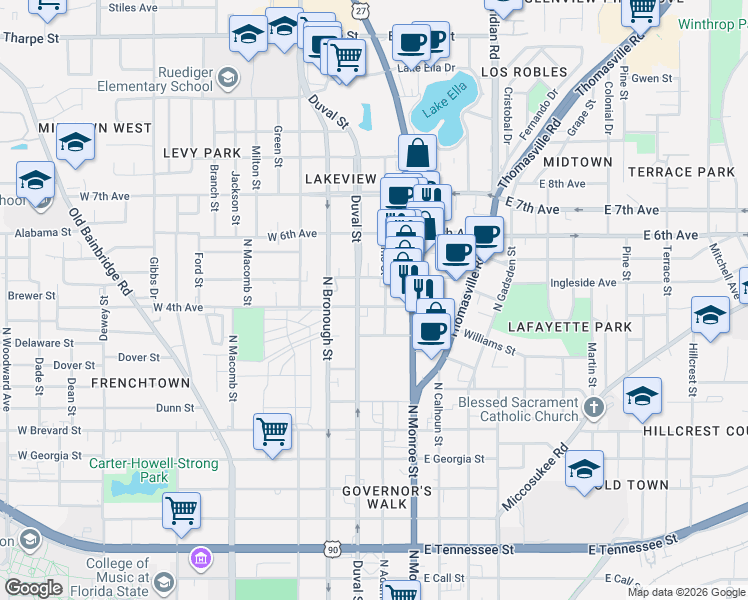 map of restaurants, bars, coffee shops, grocery stores, and more near 1125 North Adams Street in Tallahassee