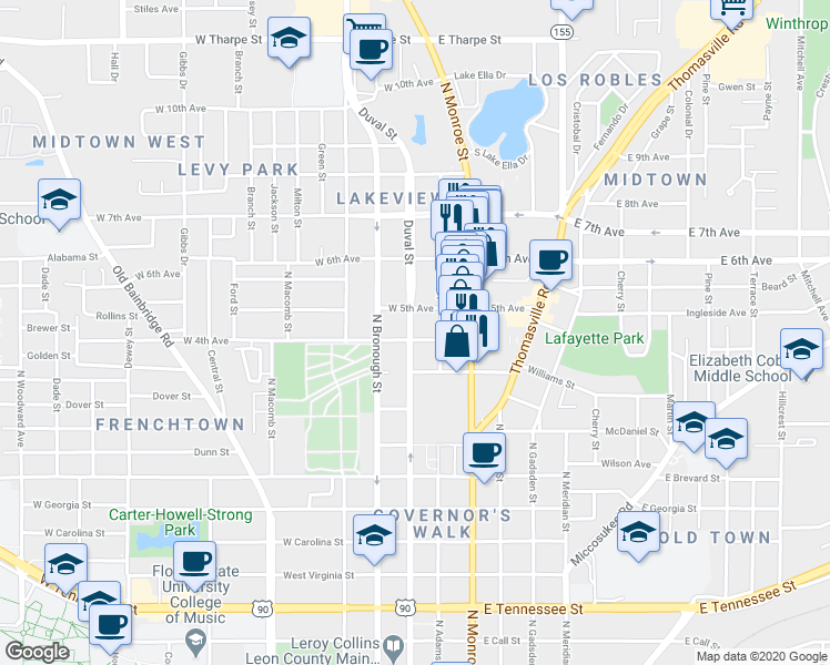 map of restaurants, bars, coffee shops, grocery stores, and more near 185 West 5th Avenue in Tallahassee