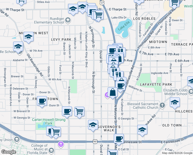 map of restaurants, bars, coffee shops, grocery stores, and more near 185 West 5th Avenue in Tallahassee