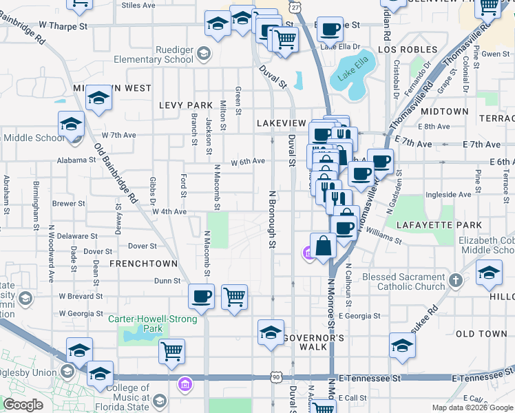map of restaurants, bars, coffee shops, grocery stores, and more near 1124 North Bronough Street in Tallahassee