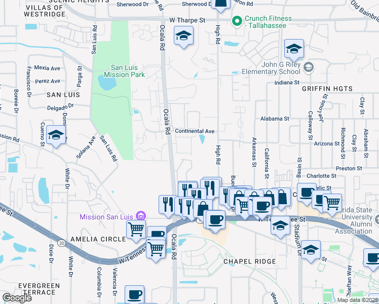 map of restaurants, bars, coffee shops, grocery stores, and more near 2067 Continental Avenue in Tallahassee