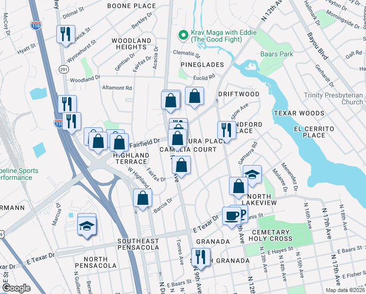 map of restaurants, bars, coffee shops, grocery stores, and more near 917 East Fairfield Drive in Pensacola