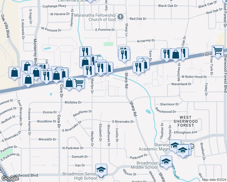 map of restaurants, bars, coffee shops, grocery stores, and more near 10145 Ballina Avenue in Baton Rouge