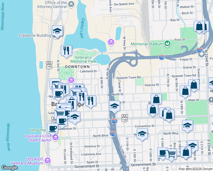 map of restaurants, bars, coffee shops, grocery stores, and more near 735 North 8th Street in Baton Rouge
