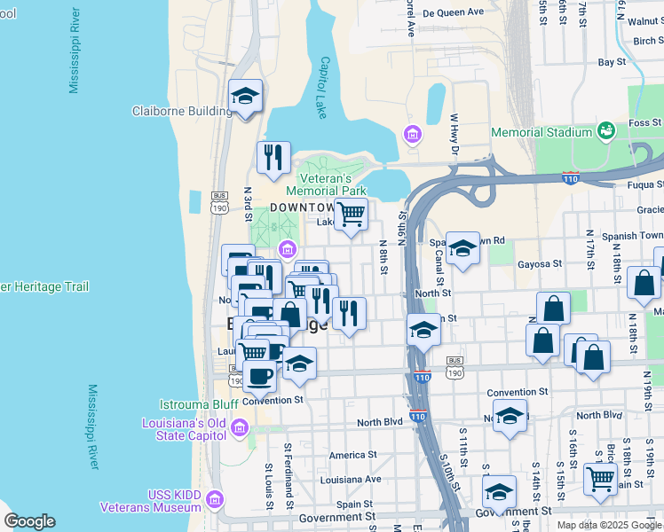map of restaurants, bars, coffee shops, grocery stores, and more near 536 Spanish Town Road in Baton Rouge