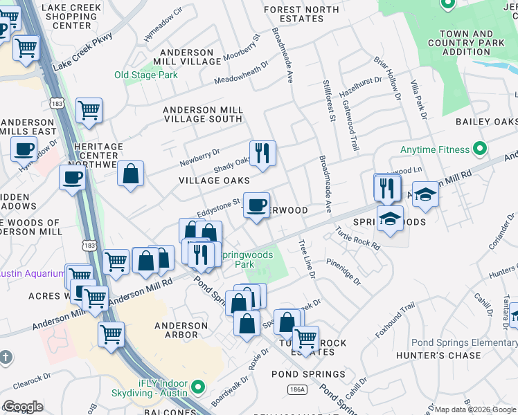 map of restaurants, bars, coffee shops, grocery stores, and more near 12748 Machete Trail in Austin