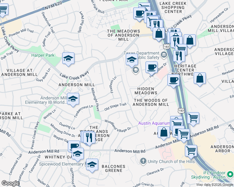 map of restaurants, bars, coffee shops, grocery stores, and more near 12221 Wallingstone Lane in Austin
