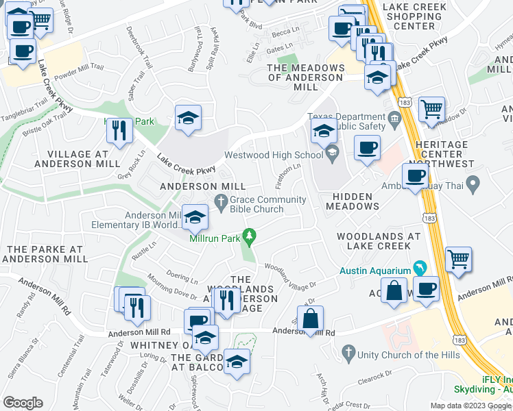 map of restaurants, bars, coffee shops, grocery stores, and more near 12201 Jill Sue Court in Austin