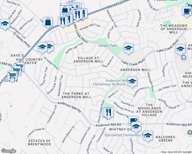 map of restaurants, bars, coffee shops, grocery stores, and more near 11905 Geode Drive in Austin