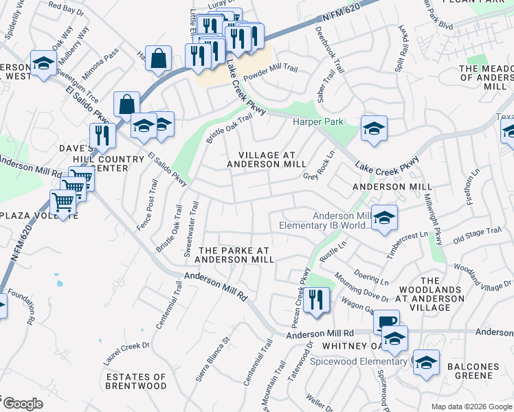 map of restaurants, bars, coffee shops, grocery stores, and more near 11803 Acorn Creek Trail in Austin