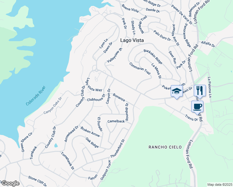 map of restaurants, bars, coffee shops, grocery stores, and more near 68 C Dawn Drive in Lago Vista