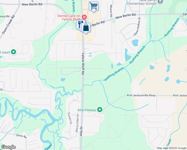 map of restaurants, bars, coffee shops, grocery stores, and more near Ashgrove Road in Jacksonville