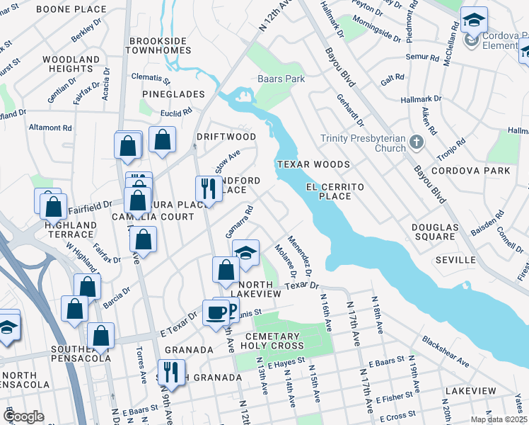 map of restaurants, bars, coffee shops, grocery stores, and more near 3839 Menendez Drive in Pensacola