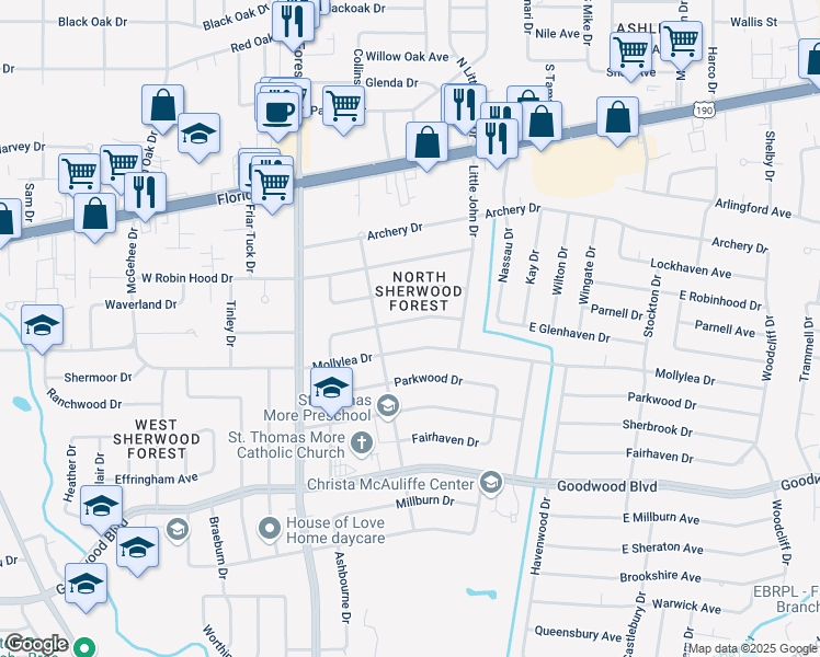 map of restaurants, bars, coffee shops, grocery stores, and more near 11545 Glenhaven Drive in Baton Rouge