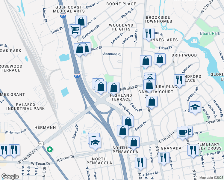 map of restaurants, bars, coffee shops, grocery stores, and more near 540 East Fairfield Drive in Pensacola