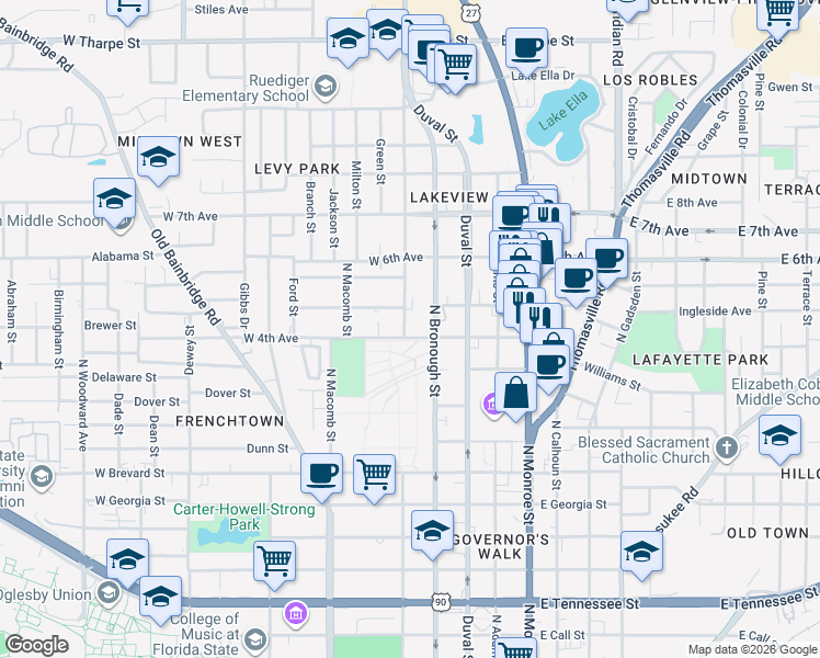 map of restaurants, bars, coffee shops, grocery stores, and more near 1124 North Bronough Street in Tallahassee