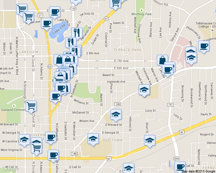 map of restaurants, bars, coffee shops, grocery stores, and more near 649 Ingleside Avenue in Tallahassee
