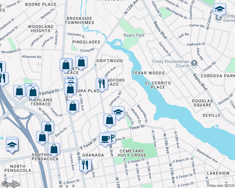 map of restaurants, bars, coffee shops, grocery stores, and more near 1227 Barcia Drive in Pensacola