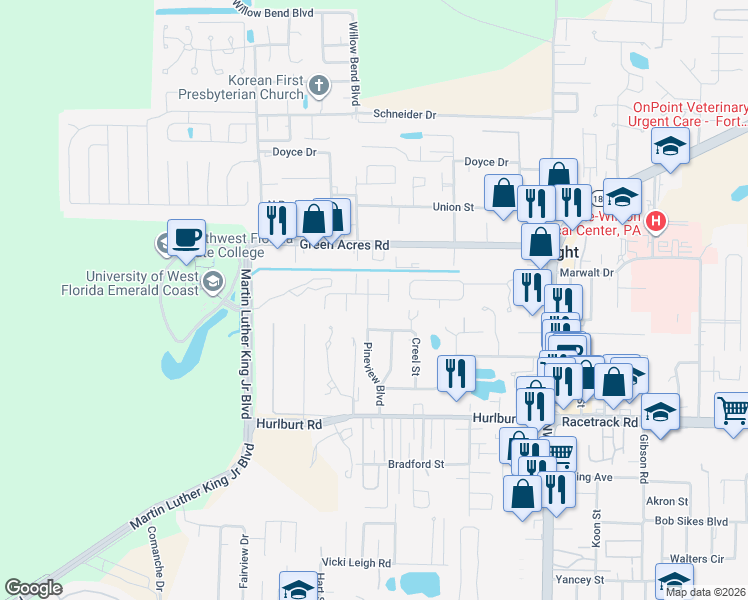 map of restaurants, bars, coffee shops, grocery stores, and more near 1101 Pineview Boulevard in Fort Walton Beach