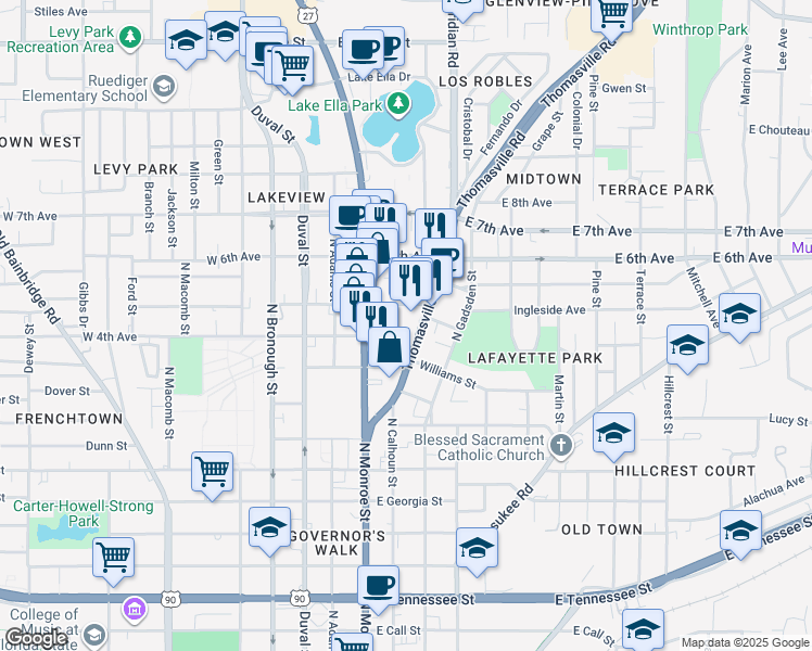 map of restaurants, bars, coffee shops, grocery stores, and more near 1106 Thomasville Road in Tallahassee