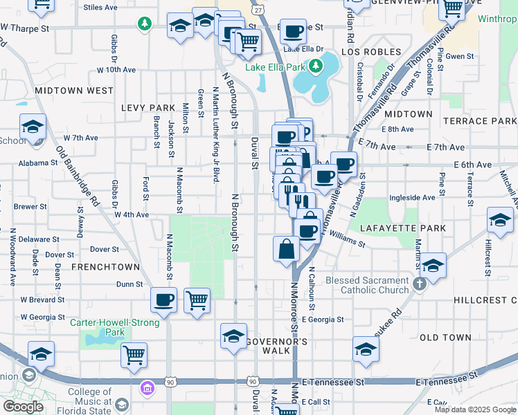 map of restaurants, bars, coffee shops, grocery stores, and more near 124 West 4th Avenue in Tallahassee