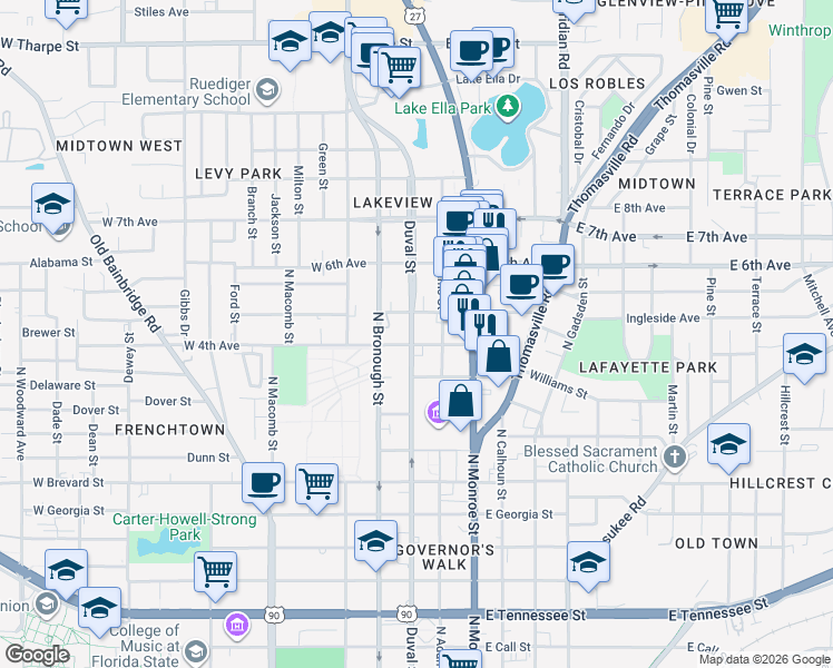 map of restaurants, bars, coffee shops, grocery stores, and more near 124 West 4th Avenue in Tallahassee
