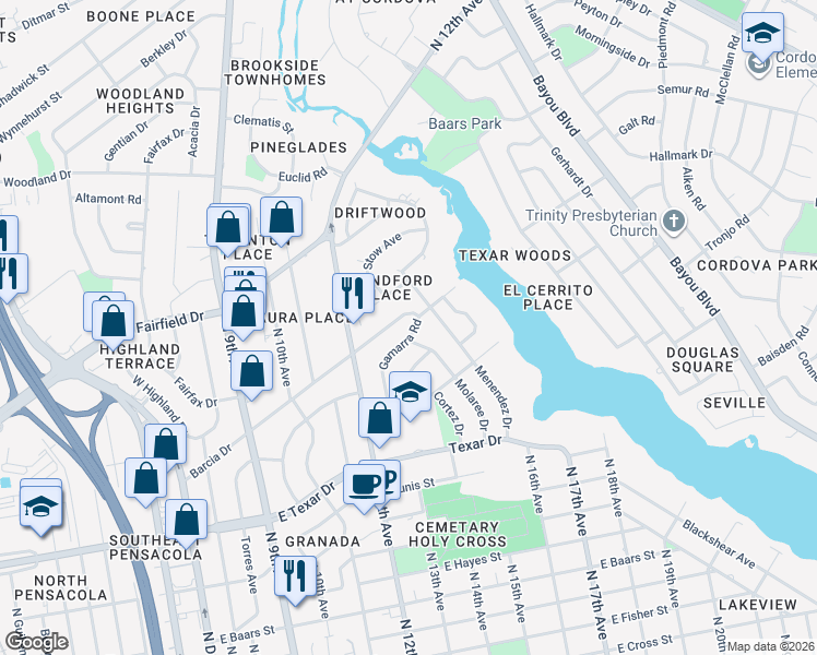 map of restaurants, bars, coffee shops, grocery stores, and more near 1227 Barcia Drive in Pensacola