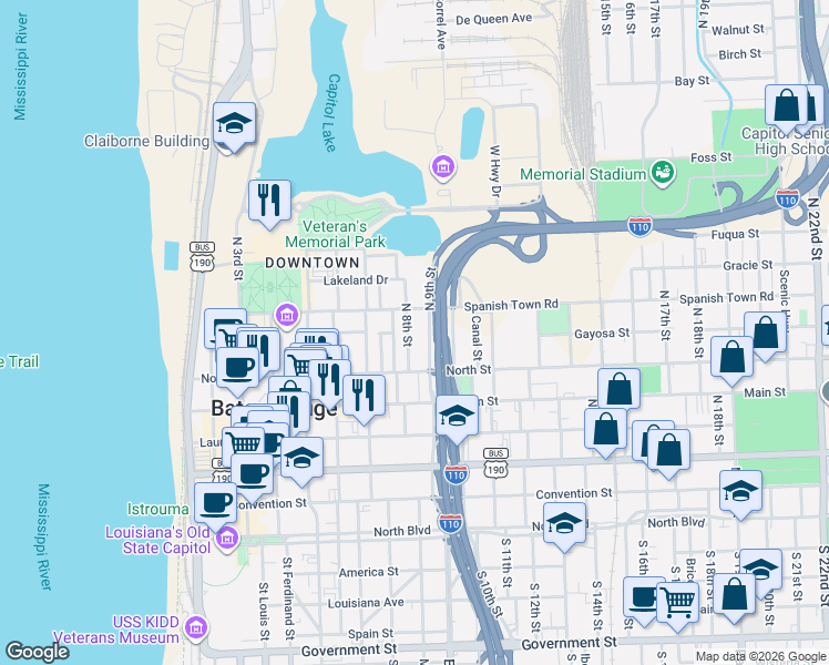 map of restaurants, bars, coffee shops, grocery stores, and more near 735 North 8th Street in Baton Rouge